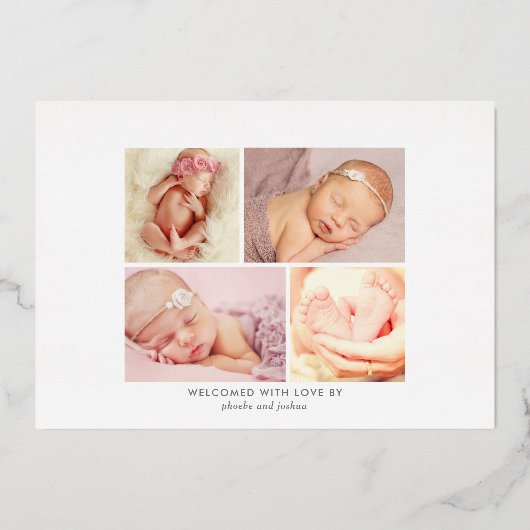 Moderne Script Foto Collage Geburtserklärung Folieneinladung (Rückseite)