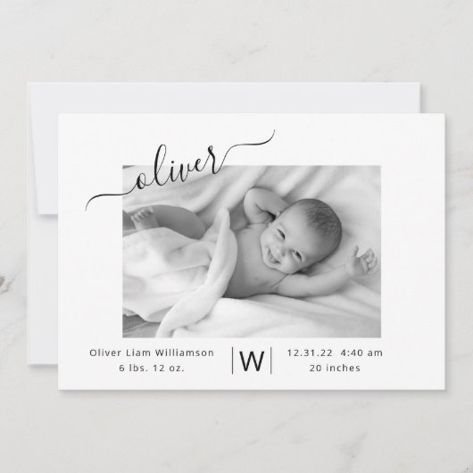 Moderne Script Foto Collage New Baby Birth Ankündigung (Vorderseite)