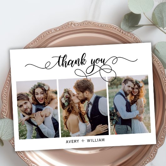 Moderne Script Foto Collage Wedding Danke Karte