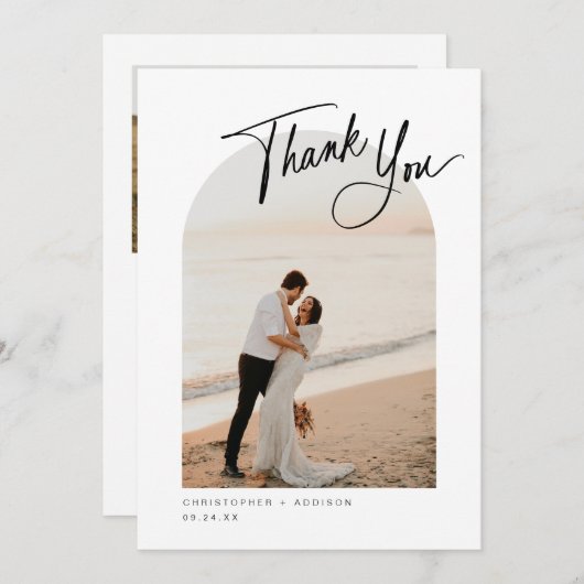 Moderne Script Foto Flat Wedding Dankeschön Card Dankeskarte (Vorne/Hinten)