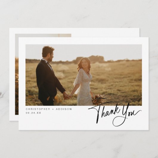 Moderne Script Foto Flat Wedding Dankeschön Card Dankeskarte (Vorne/Hinten)