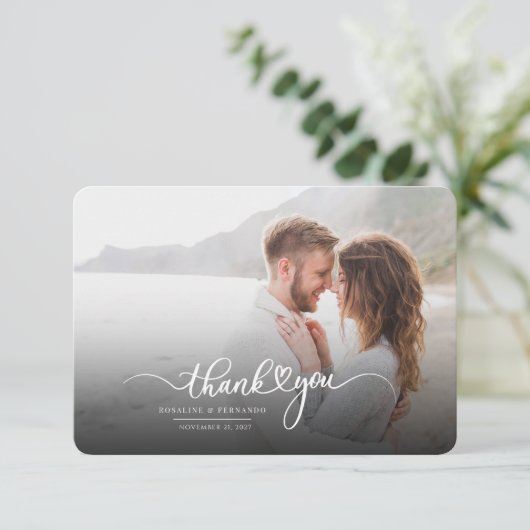 Moderne Script-Foto-Hochzeit Dankeskarte (Stehend Vorderseite)