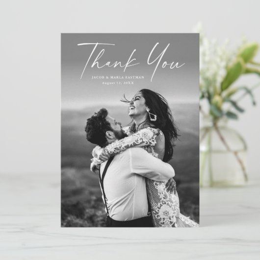 Moderne Script-Foto-Hochzeit Dankeskarte (Stehend Vorderseite)