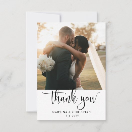 Moderne Script-Foto-Hochzeit Dankeskarte (Vorderseite)