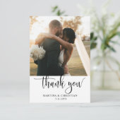 Moderne Script-Foto-Hochzeit Dankeskarte (Stehend Vorderseite)
