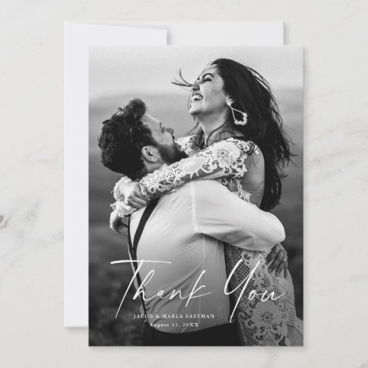 Moderne Script-Foto-Hochzeit Dankeskarte (Vorderseite)