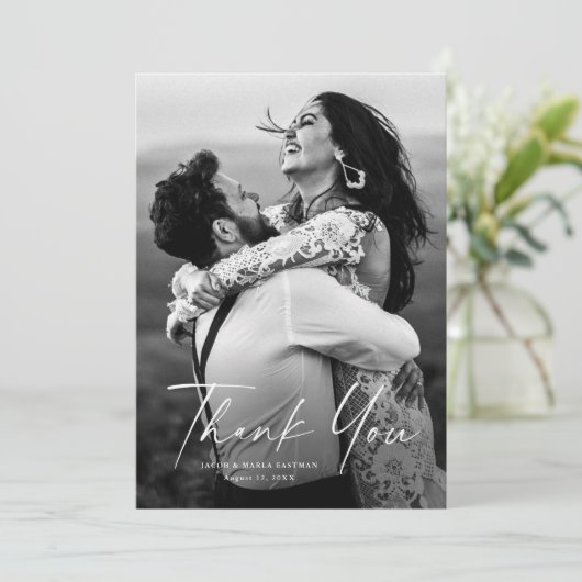 Moderne Script-Foto-Hochzeit Dankeskarte (Stehend Vorderseite)