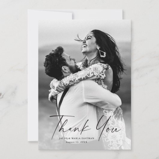 Moderne Script-Foto-Hochzeit Dankeskarte (Vorderseite)