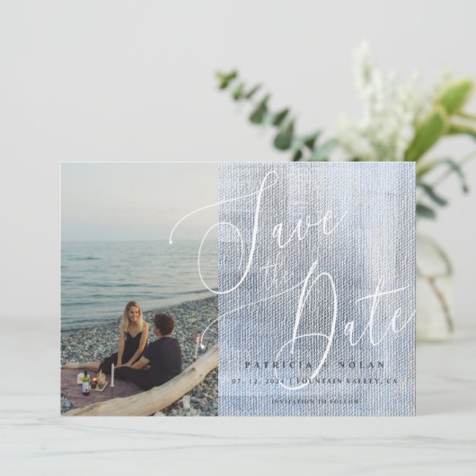 Moderne Script-Foto-Hochzeit Save The Date (Stehend Vorderseite)