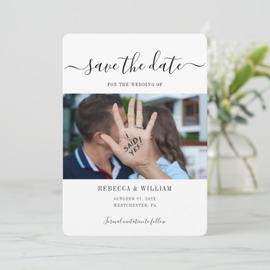 Moderne Script-Foto-Hochzeit Save The Date (Stehend Vorderseite)