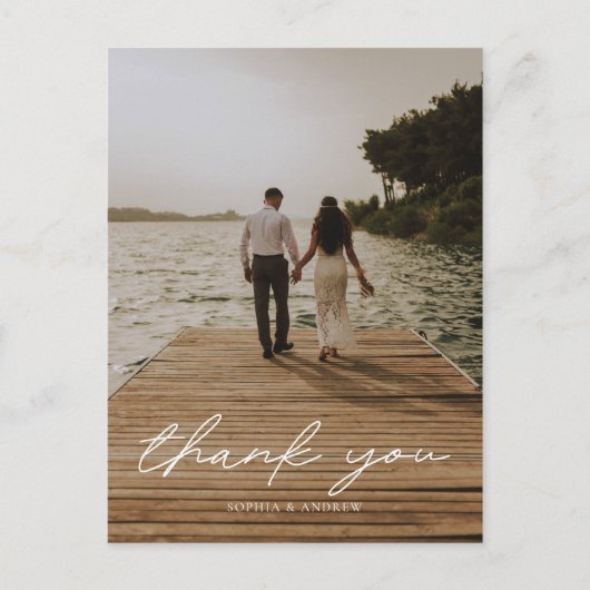 Moderne Script Foto Hochzeit Vielen Dank Postkarte (Vorderseite)