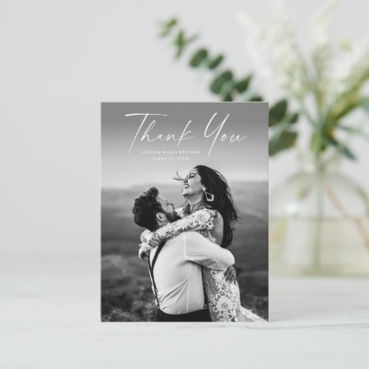 Moderne Script Foto Hochzeit Vielen Dank Postkarte (Stehend Vorderseite)