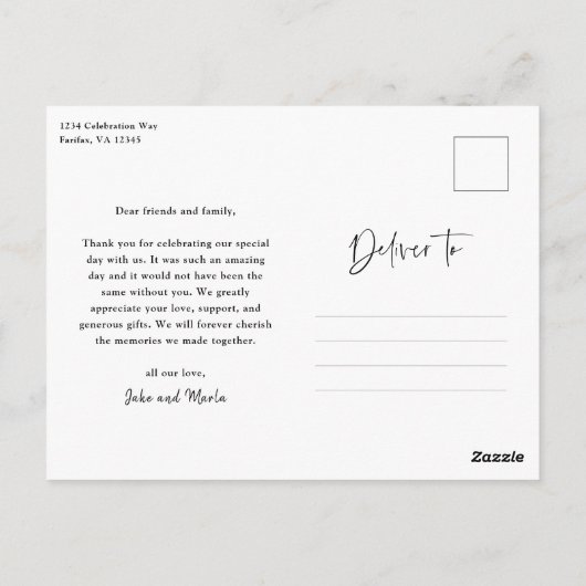 Moderne Script Foto Hochzeit Vielen Dank Postkarte (Rückseite)