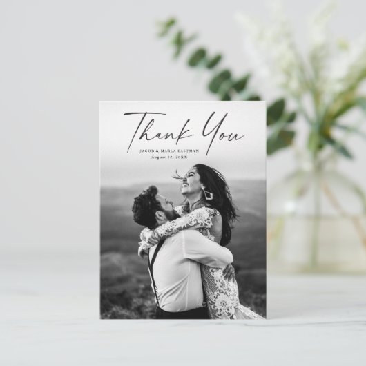 Moderne Script Foto Hochzeit Vielen Dank Postkarte (Stehend Vorderseite)