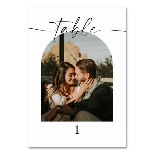Moderne Script-Foto-Hochzeiten-Tischnummern Tischnummer (Vorderseite)