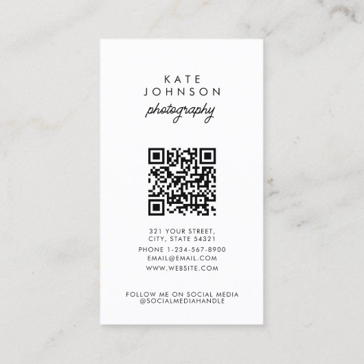 Moderne Script Fotograf QR Code Social Media Visitenkarte (Rückseite)