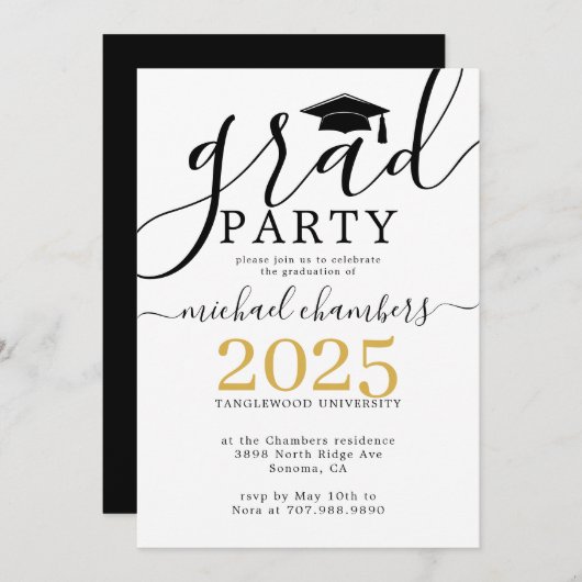 Moderne Script Gold Black Graduation Party Einladu Einladung (Vorne/Hinten)