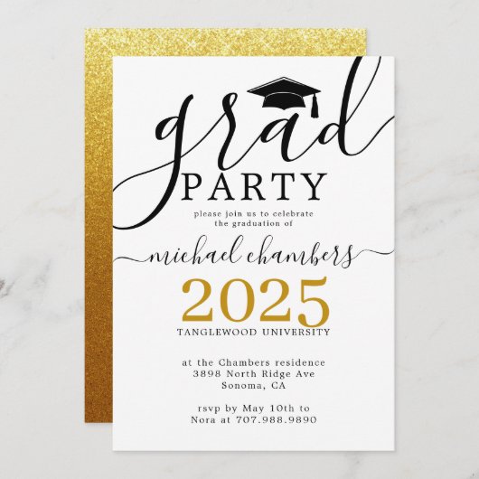Moderne Script Gold Black Graduation Party Einladung (Vorne/Hinten)