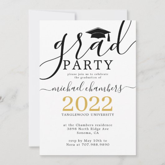 Moderne Script Gold Black Graduation Party Einladung (Vorderseite)