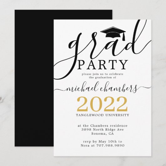 Moderne Script Gold Black Graduation Party Einladung (Vorne/Hinten)