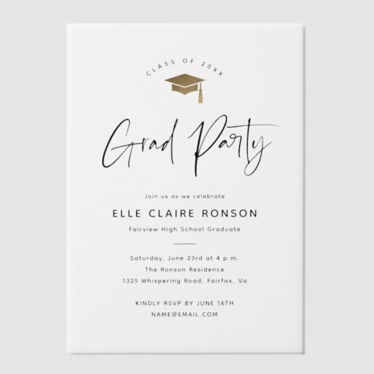 Moderne Script Gold Cap Graduation Party Pergament Einladungen (Vorderseite)