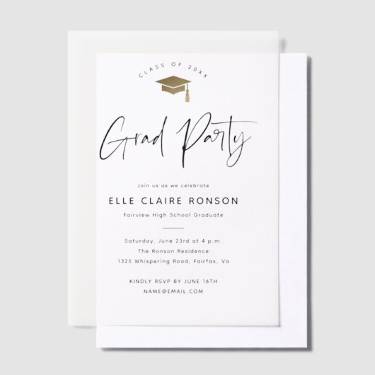 Moderne Script Gold Cap Graduation Party Pergament Einladungen (Versetzt)