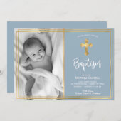 Moderne Script Gold Cross Blue Taufe Einladung (Vorne/Hinten)