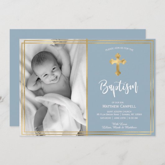 Moderne Script Gold Cross Blue Taufe Einladung (Vorne/Hinten)