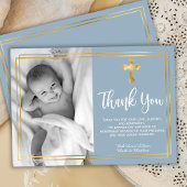 Moderne Script Gold Cross Dusty Blue Taufe Dankeskarte