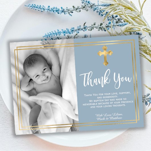 Moderne Script Gold Cross Dusty Blue Taufe Dankeskarte