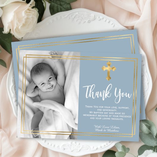 Moderne Script Gold Cross Dusty Blue Taufe Dankeskarte