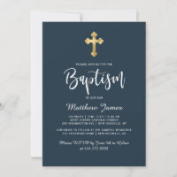 Moderne Script Gold Cross Navy Blue Boy Taufe