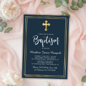 Moderne Script Gold Cross Navy Blue Boy Taufe Einladung