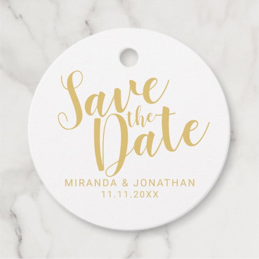 Moderne Script Gold Hochzeit retten das Datum Geschenkanhänger (Vorderseite)