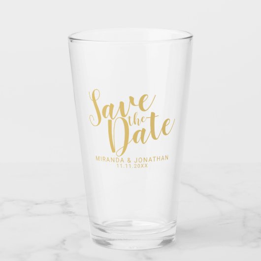 Moderne Script Gold Hochzeit retten das Datum Glas (Vorderseite)