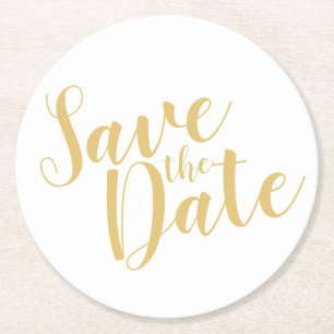 Moderne Script Gold Hochzeit retten das Datum Runder Pappuntersetzer
