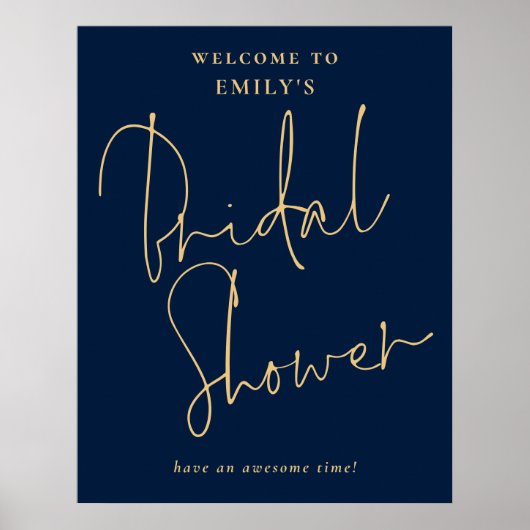 Moderne Script Gold Navy Willkommen in Brautparty Poster (Vorne)