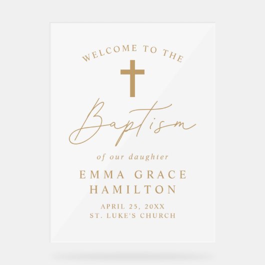Moderne Script Gold Script Taufe Willkommen Acrylschild (Vorderseite)
