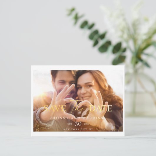Moderne Script Gold Wedding PostCard Postkarte (Stehend Vorderseite)