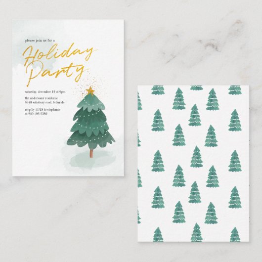 Moderne Script Gold Weihnachtsbaum Party Visitenkarte (Vorne/Hinten)