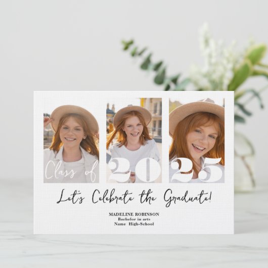 Moderne Script Graduation Party 5 Foto-Klasse Einladung (Stehend Vorderseite)