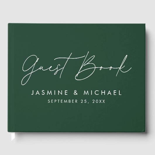 Moderne Script Green Foto Hochzeit Gästebuch (Vorderseite)