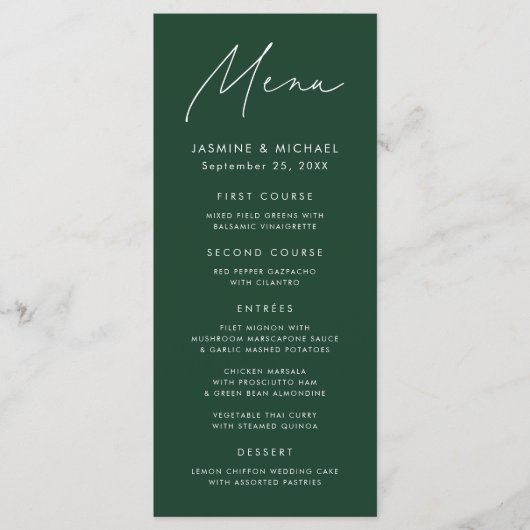 Moderne Script Green Wedding Menükarte (Vorderseite)