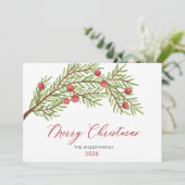 Moderne Script Greenery Red Berries Weihnachten (Stehend Vorderseite)