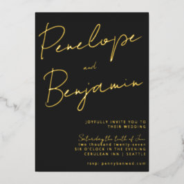 Moderne Script Handwriting Black and Gold Wedding Folieneinladung