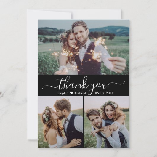 Moderne Script Heart Foto Collage Black Wedding Dankeskarte (Vorderseite)