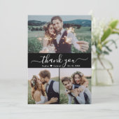 Moderne Script Heart Foto Collage Black Wedding Dankeskarte (Stehend Vorderseite)