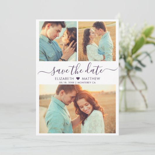 Moderne Script Heart Foto Collage Lila Hochzeit Save The Date (Stehend Vorderseite)