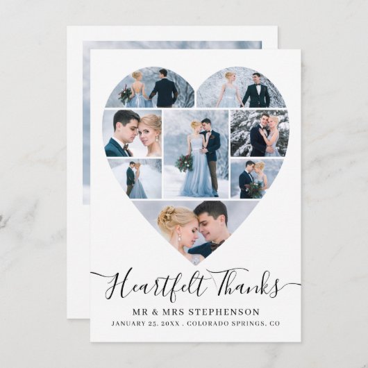 Moderne Script Heart Foto Collage Wedding Dankeskarte (Vorne/Hinten)