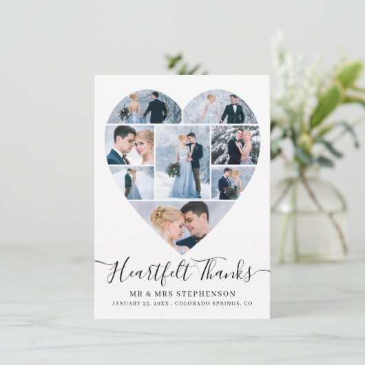 Moderne Script Heart Foto Collage Wedding Dankeskarte (Stehend Vorderseite)